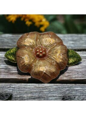 Vtg Signed Danecraft Peach Enamel Flower Floral Brooch Green Glitter Leaves